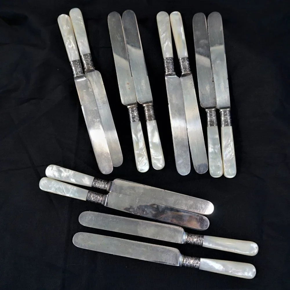 Antique Meriden Cutlery Mother-of-Pearl Sterling Silver Ferrules 12 Blunt Knives